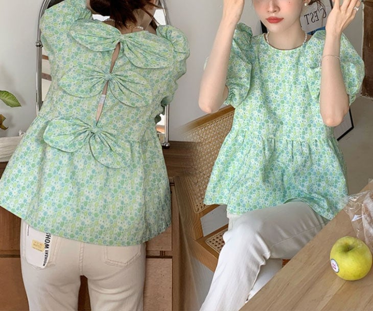 【急速出荷!】バックリボン ブラウス 半袖 レディース 春 夏 パフスリーブ ペプラム トップス きれいめ シンプル 上品 可愛い カジュアル 花柄 無地 バックリボントップス 韓国ファッション