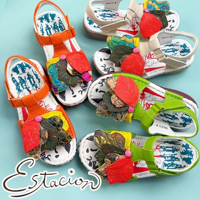 エスタシオン レディース 厚底 サンダル 痛くない フラワーモチーフ 本革 ストラップサンダル ベルクロ 歩きやすい レザーサンダル 疲れにくい マジックテープ MSE212 オレンジ ライトグリーン