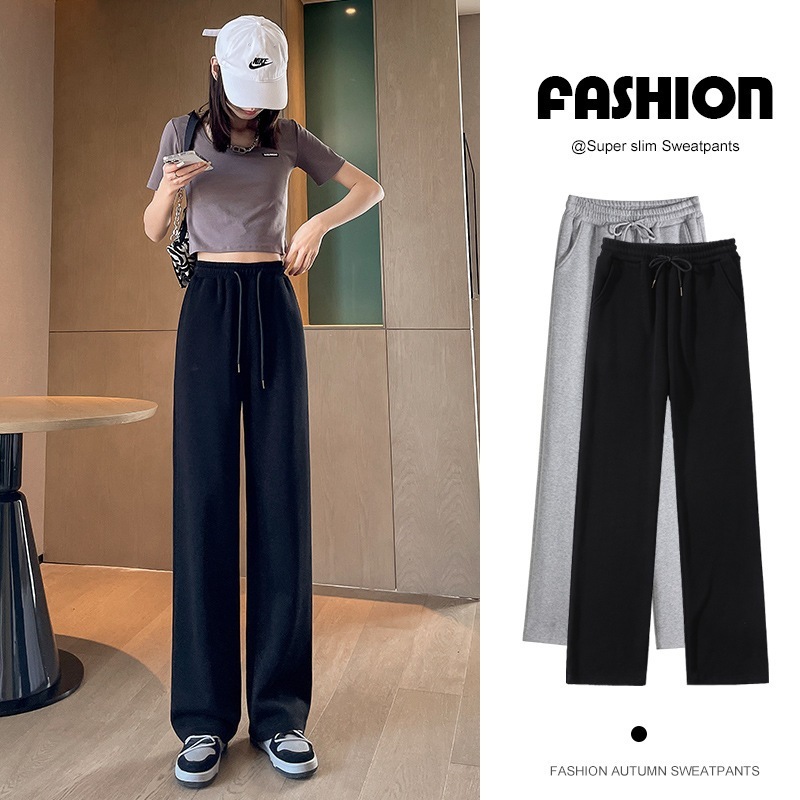 豪華なスウェットパンツレディース秋冬新作スモールイントレンドブラックルーズストレートカジュアルワイドレッグパンツ