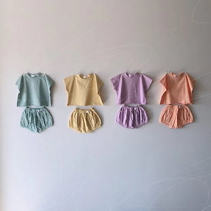 夏の子供無地のファッション韓国緩い半袖Tシャツスーツラウンドネック薄い通気性上下セット