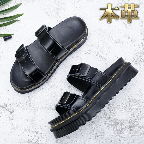 サンダル レディース 本革 フラットサンダル バックルデザイン 厚底 脚長 ゴツい ステッチ 5.5cmソール