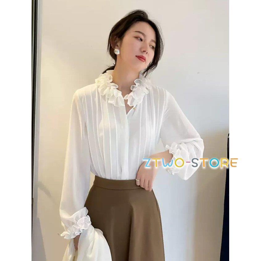 トップスシャツブラウスフリル襟 インナー 春 ブラウス シアートップス フリルブラウス 通勤服 シアーシャツ トップス スーツ レディース シャツブラウス オフィス 長袖 白 黒 秋