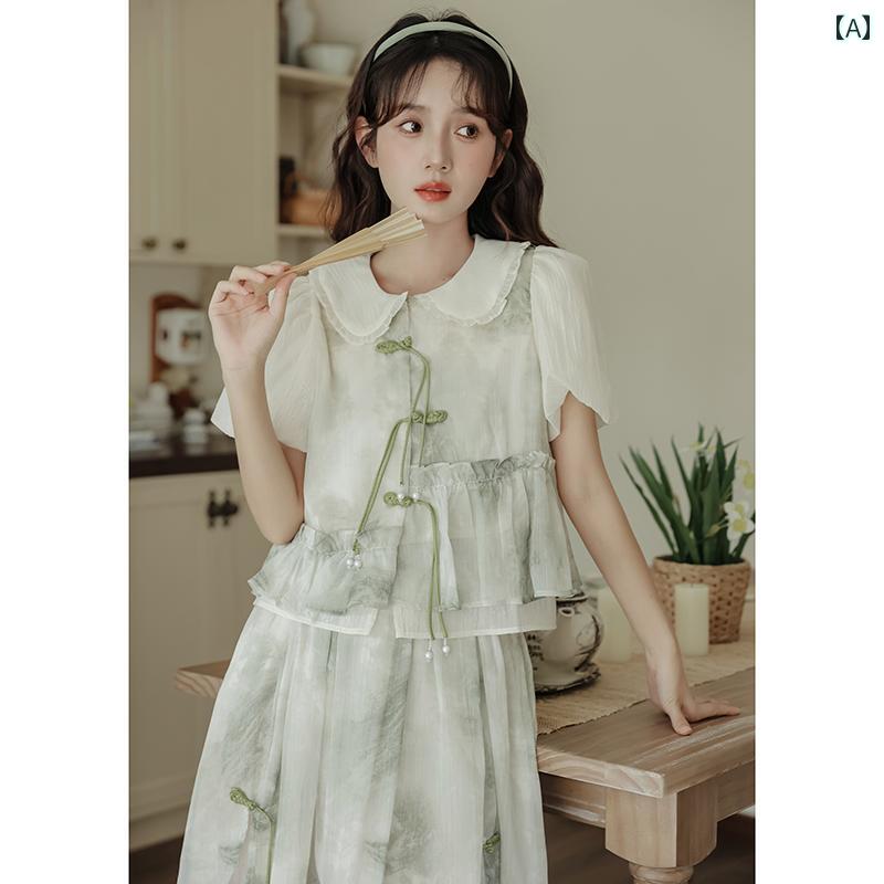 チャイナ風 レディース ガール ファッション 夏 スーツ さわやか ツーピース スカート スーツ 半袖