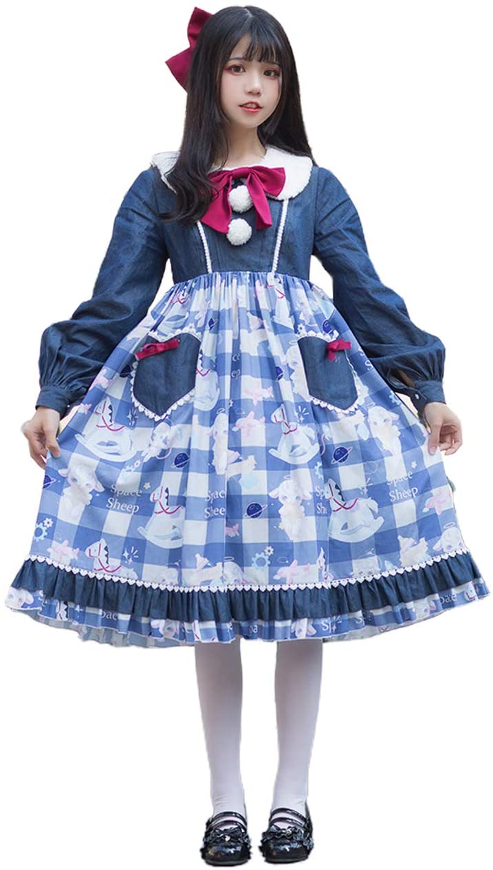 ゴスロリ ロリータ ワンピース 長袖 ネイビー チェック ひざ丈 紺 夢 ひつじ