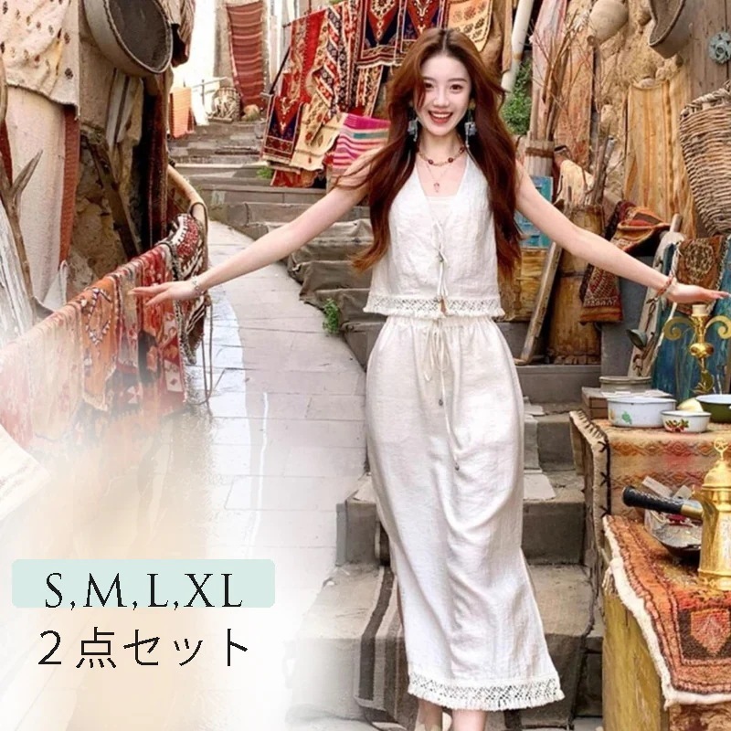 上下セットノースリーブ スカート 可愛い シンプル ブラウス 袖なし ノースリーブ タンクトップ スカート きれいめ 体型カバー 着痩せ