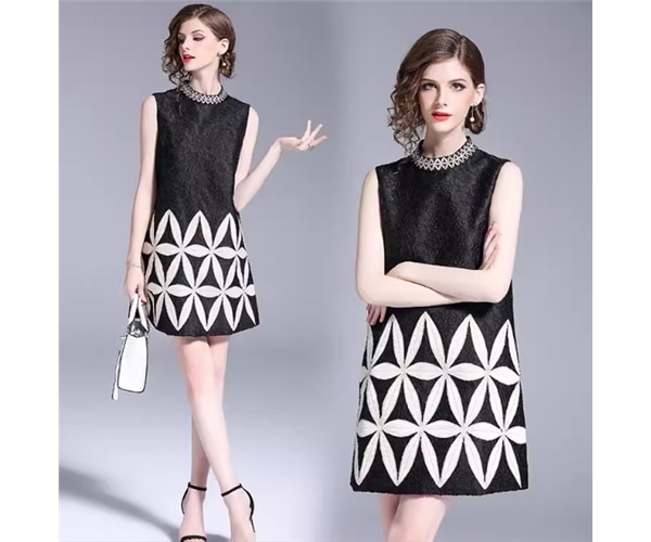 レディース ドレス ミニ ショート 膝上 袖なし ノースリーブ ラウンドネック 刺繍 ハイウエスト かわいい 大人可愛い きれいめ 上品 おしゃれ レトロ ガーリー 個性的 クール エレガント 存在感