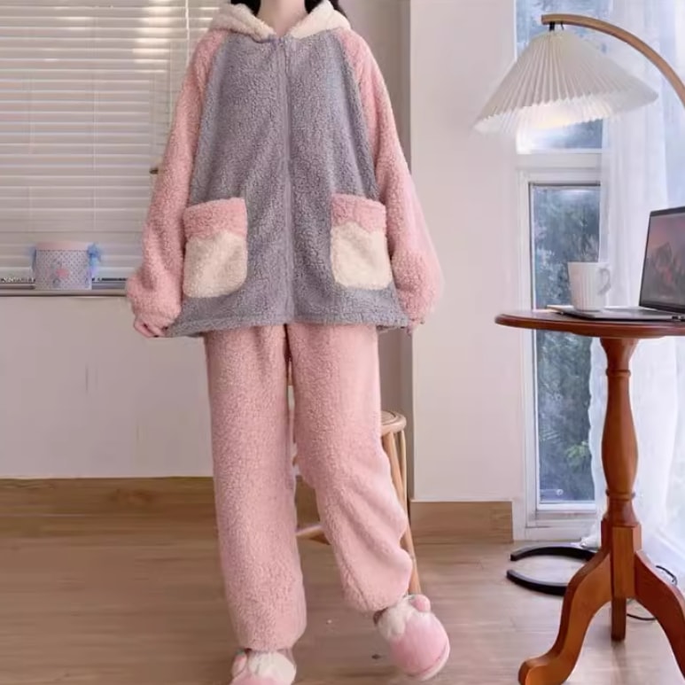 レディース トップス パンツ ボトムス ルームウェア パジャマ パーカー 部屋着 セットアップ 前開き ロングパンツ ツーピーストップス ロング 長袖 萌袖 フード もこもこ ふわふわ ふっくら