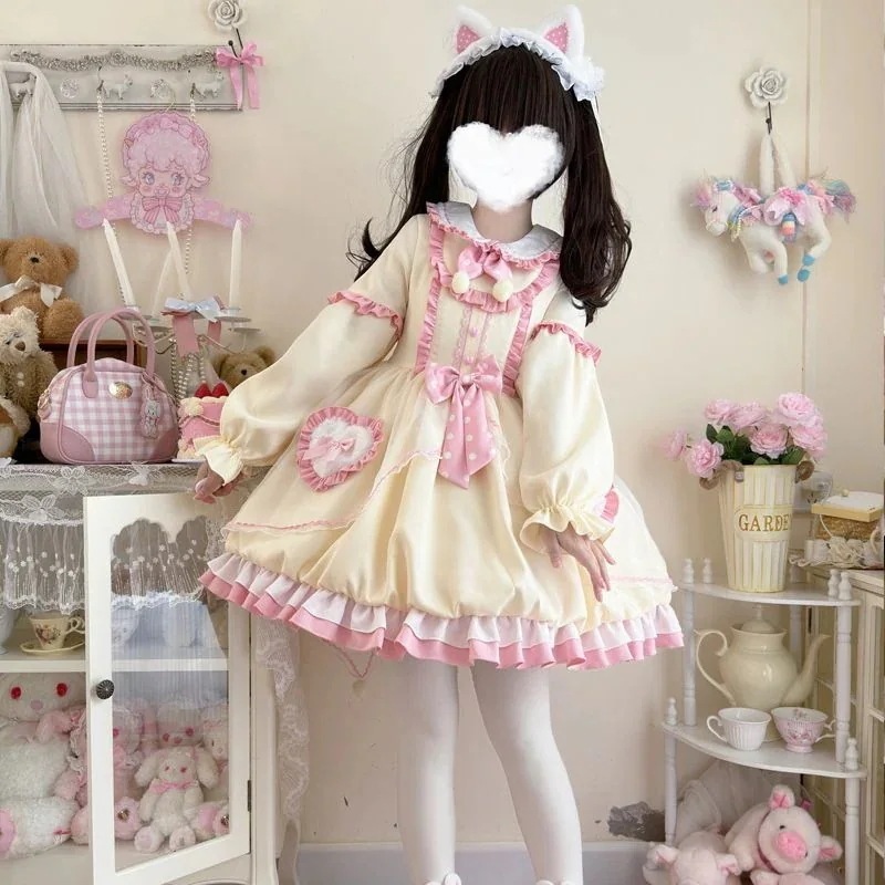 ロリータドレス【ハニーラビット】オリジナルデザインロリータ洋装甘可愛い長袖OP花柄ワンピース和服コスチュームコスチューム