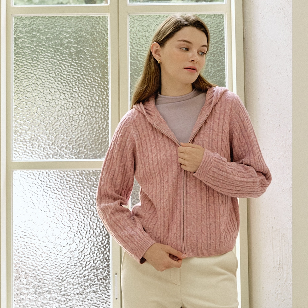 ケーブルニットフードジップアップ