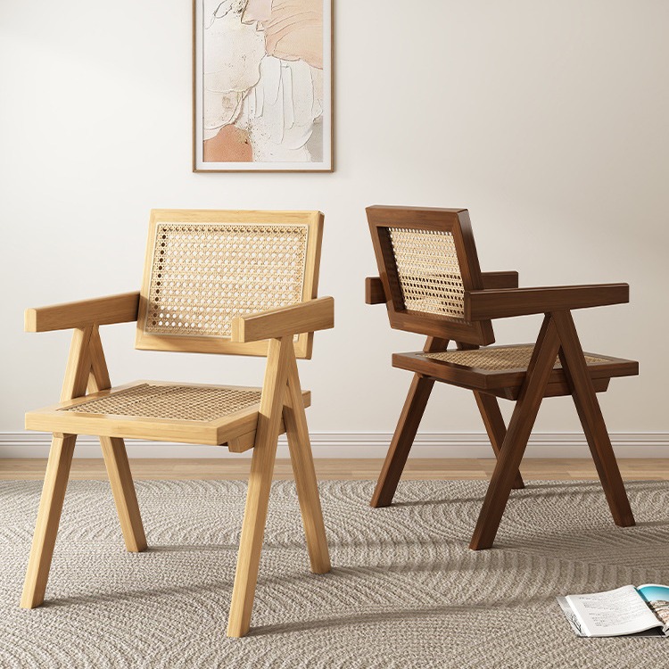 北欧原木风藤编加厚实木昌迪加尔椅家用阳台椅日式民宿餐厅休闲椅