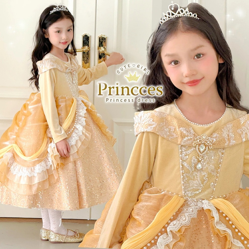 【最安値挑戦】 プリンセスドレス 黄色 イエロー クリスマスプレゼント女の子 キッズ コスプレ コスチューム ティアラ 子供 ドレス 子供ドレス 誕 子どもドレス 子供用 ワンピース 冬 3歳 4歳