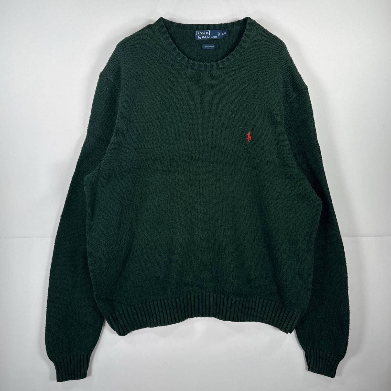 古着 ポロバイラルフローレン Polo by Ralph Lauren 長袖 ニット クルーネック セーター ワンポイント 大きいサイズ XXL グリーン 無地 メンズ