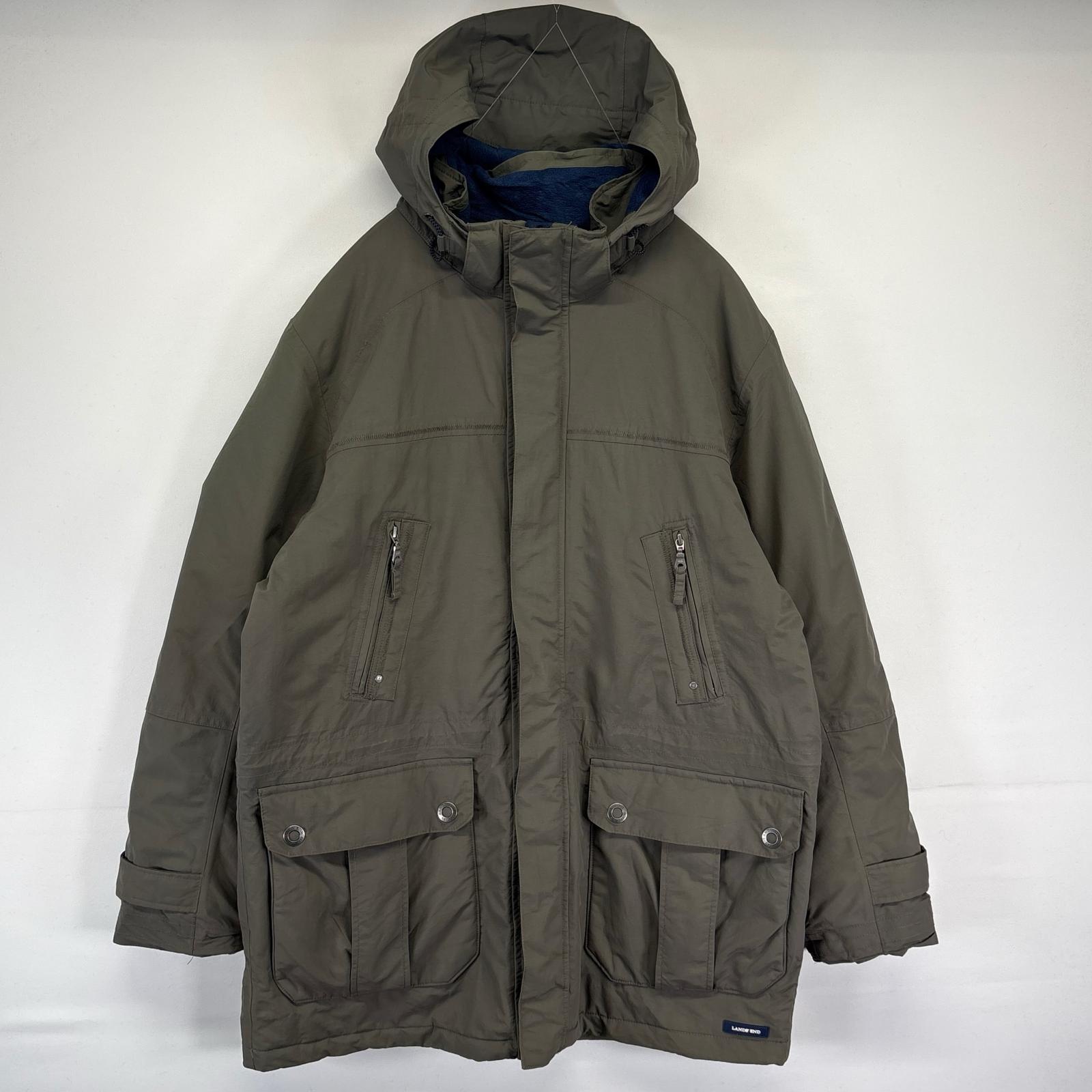 古着 ランズエンド Lands End 中綿ジャケット フルジップ フーディ アウター ワンポイントロゴ 無地 L グレー系 メンズ