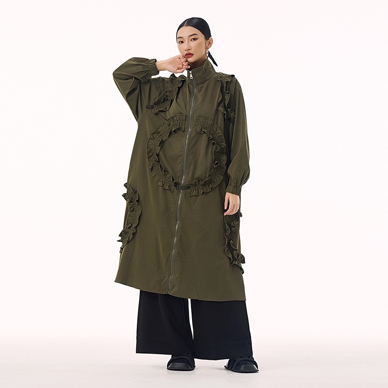 【J.Fashion】 トレンチコート ジップ スタンド襟 フリル おしゃれ レディース アウター 関連商品購入可能 メガ割