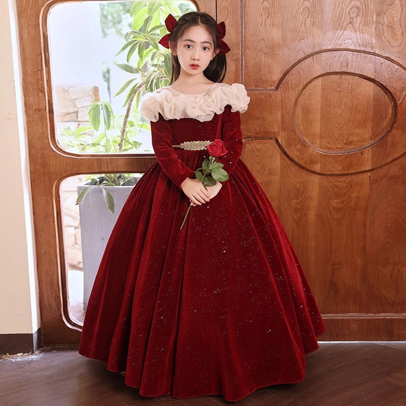 レッドスプリングガールプリンセスドレスフラワーガールウェディングリトルガールホストピアノパフォーマンス服