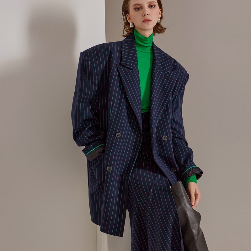 J9207 毛織ストライプオーバーフィットダブルボタンジャケット