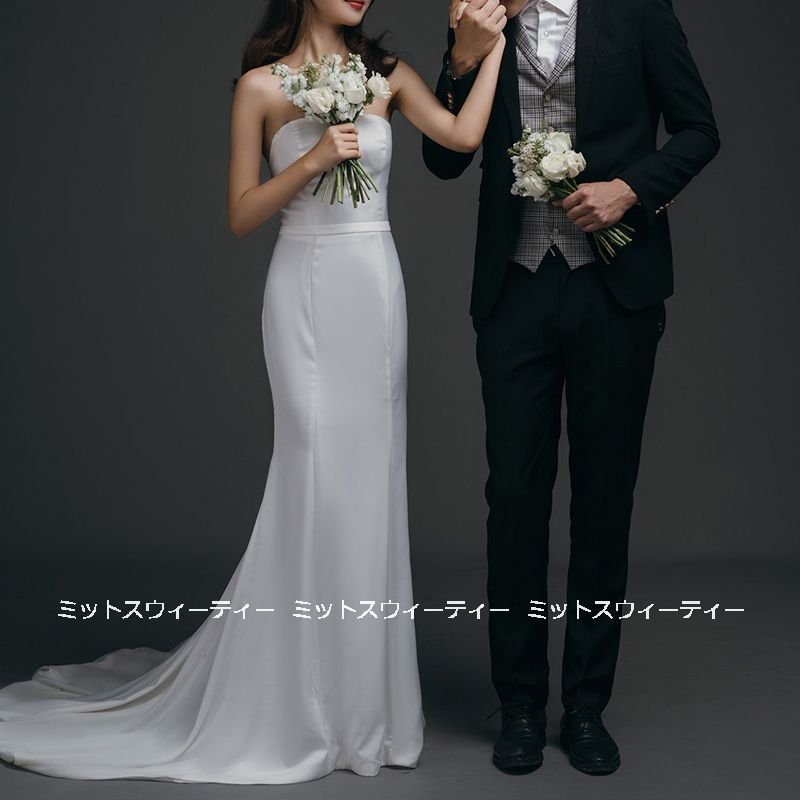 ウェディングドレス ロングドレス マーメイドライン ビスチェ 結婚式 ウエディングドレス 二次会 花嫁 前撮り エレガント サテン シンプル リゾート ワンピース