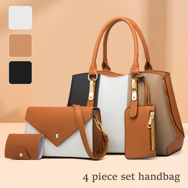 4点セット バッグ ハンドバッグ ショルダーバッグ ハンギングバッグ カードホルダー PUレザー 合成皮革 配色 フォーマルバッグ レディース 大人 女性 大容量 シンプル ナチュラル 上品 気品