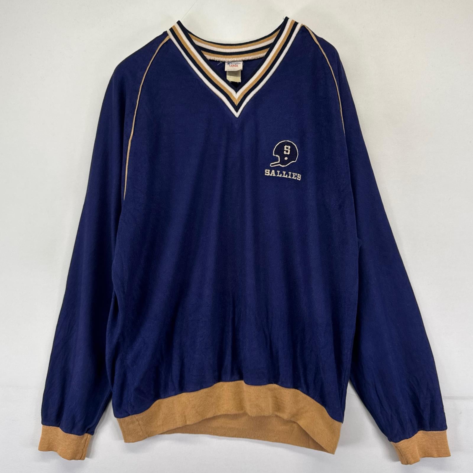 古着 80s/80年代 USA製 長袖シャツ 刺繍 プルオーバー ラグラン ロンT トレーナー L ネイビー系 メンズ