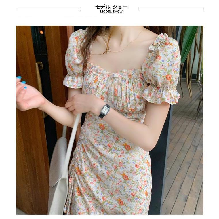 春 夏 半袖ワンピース 夏 サマーワンピース ロングワンピ スクエアネック スリット入り レトロワンピース バブルスリーブ フラワーワンピ 花柄