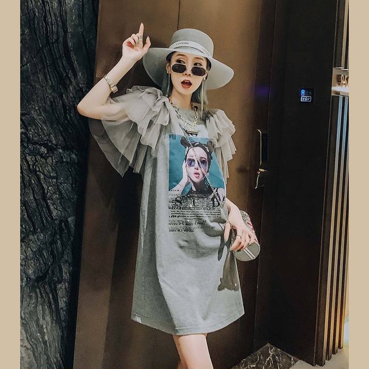 トップス ワンピース Tシャツ カットソー Tシャツワンピース ミニ ミニ丈 ショート ショート丈 袖あり 半袖 クルーネック ワイド チュール 綿 コットン かわいい 大人可愛い シンプル