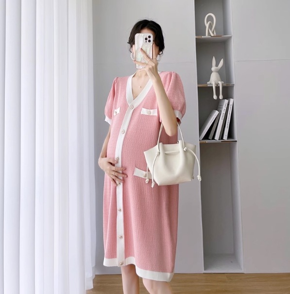 マタニティ レディース ワンピース 膝下 半袖 パフスリーブ Vネック ボタン バイカラー かわいい 大人可愛い きれいめ カジュアル 上品 おしゃれ こなれ感 ガーリー 個性的 エレガント