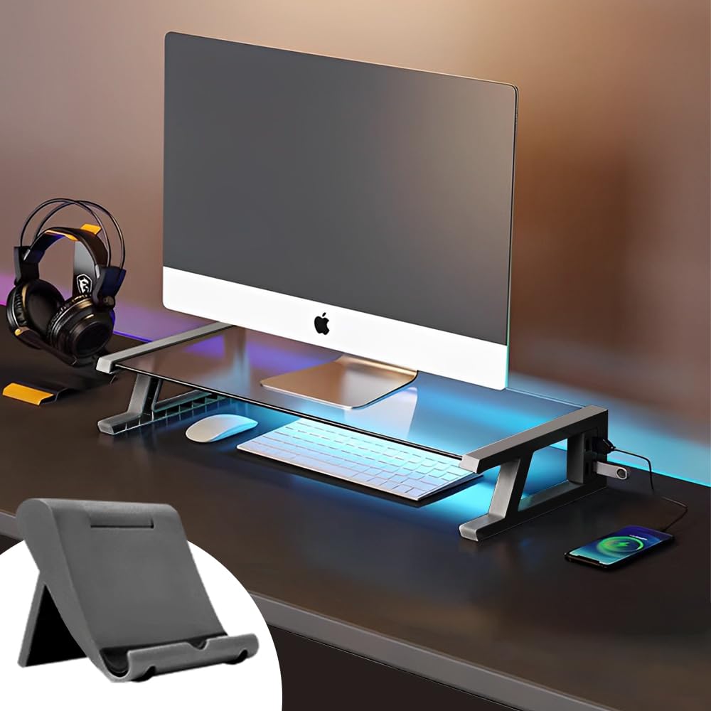 モニター台 机上台 スマホスタンド付き パソコン台 強化ガラス製 USBデータ転送付き デスクボード ノートパソコンスタンド USBケーブルx2付き モニタースタンド PC台 卓上 53575