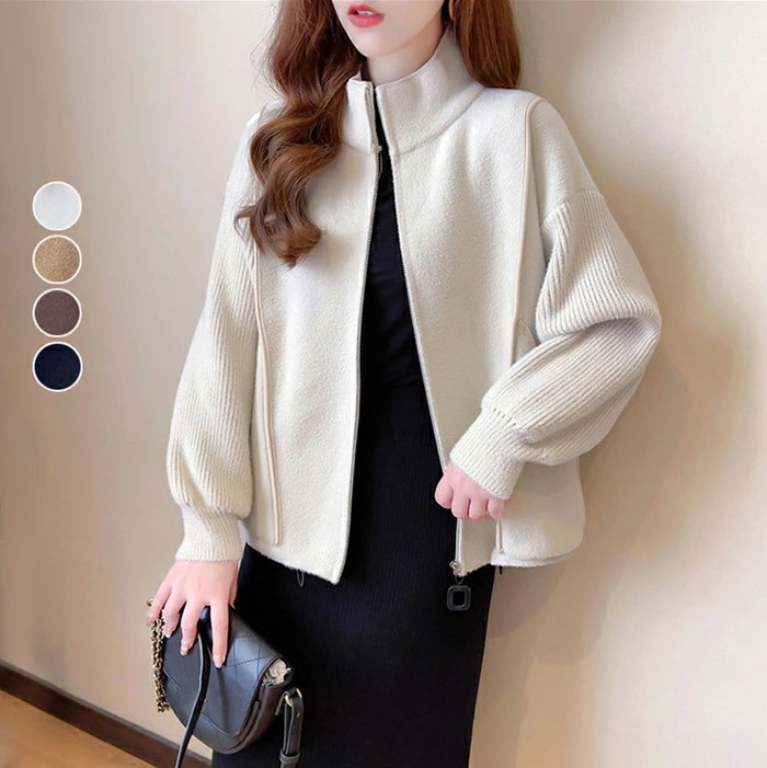 ニットカーディガン レディース 秋服 セーター 秋 冬 コート 羽織り 立ち襟 ショート丈 切り替え ボア トップス 長袖 シンプル 学生 通勤 OL オフィス 前開け ファスナー ポケット付き おし