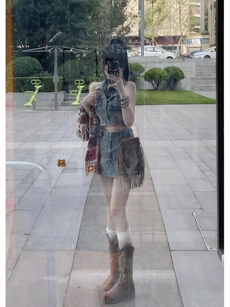 セットアップ 上下セットアップ アメリカンヴィンテージデニムスーツ ファッションウェア セクシー ベスト ショートスカート 2点セット