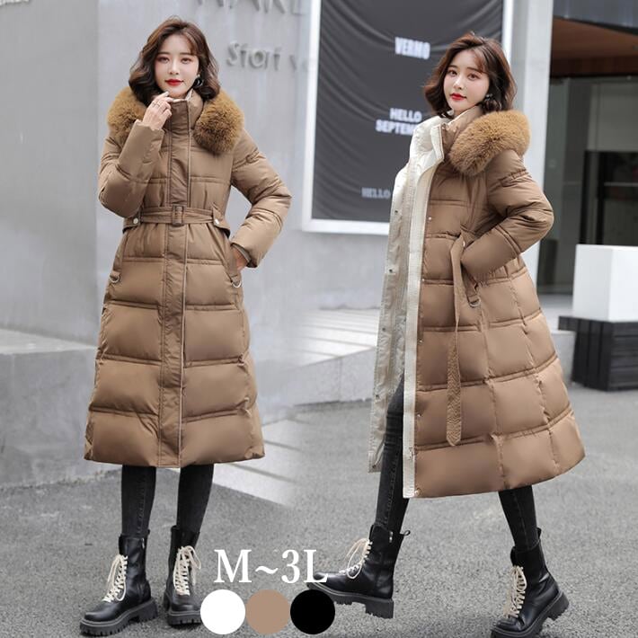 中綿コート　ダウンロングコート コート　中綿 ロング アウター フード付き ファー付き ベルト付き　レディース 大きいサイズ　温かい　軽量 防寒　あったか 冬　S　M L 2L 3L今日は30パーセン