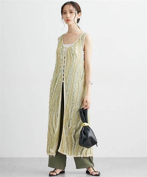 ニット 麻タッチフリンジニットノースリジレ