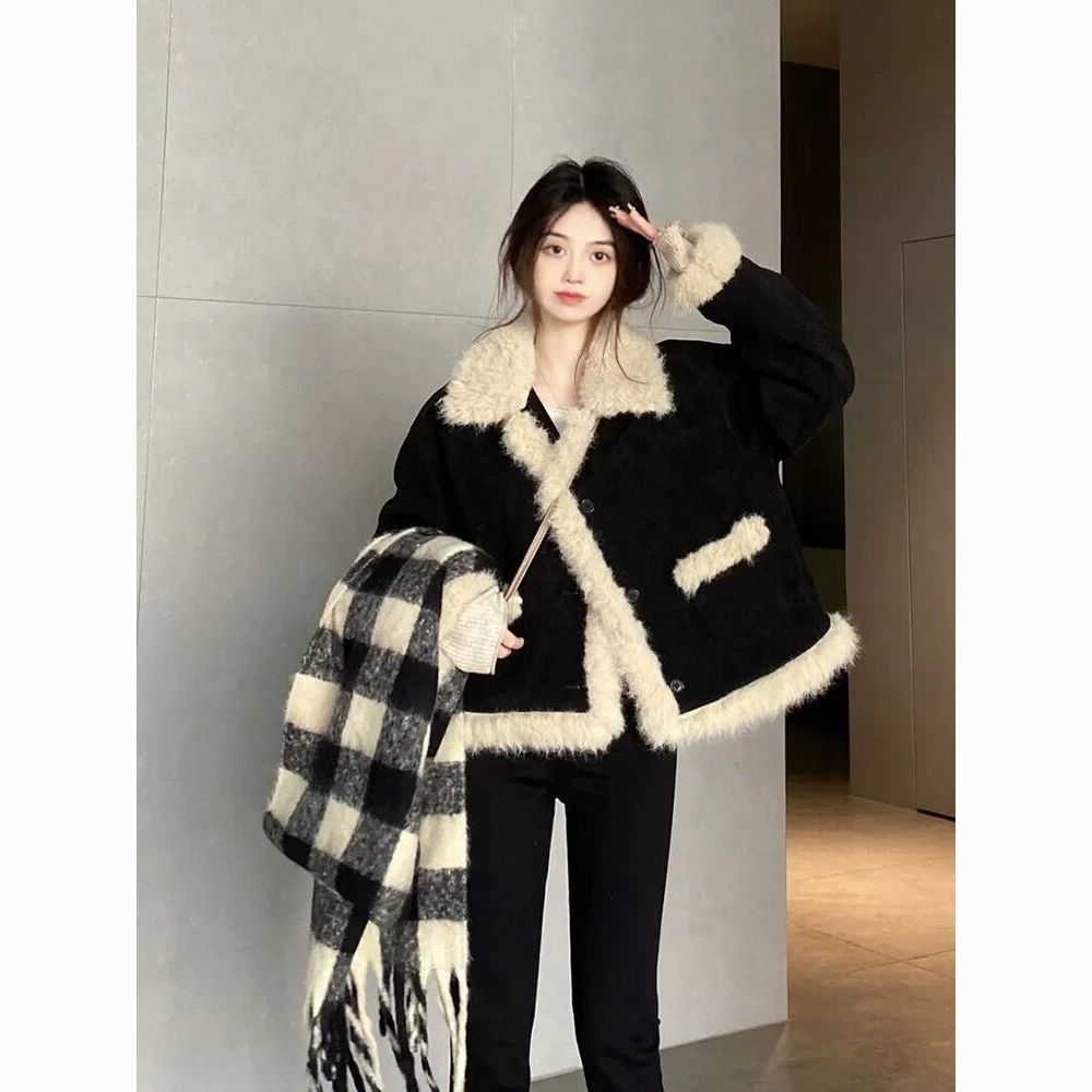 2024冬の新型小香風羊小毛コート女性黒コーデュロイ環境保護毛皮小背パイル上着