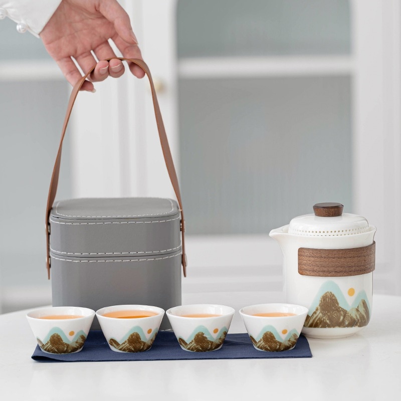 携帯用シンプル青山白磁トラベルティーセット軽贅沢セットエクスプレスカップ1ポット4杯収納バッグお土産