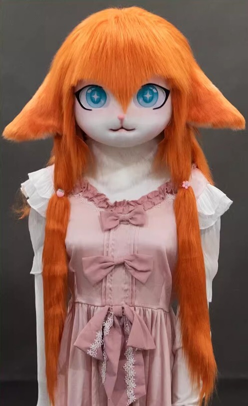 着ぐるみヘッド 猫 垂れ耳 だいだい色 全頭ヘッド ケモノ マスク ファースーツ ぬいぐるみ コスプレ コスチューム