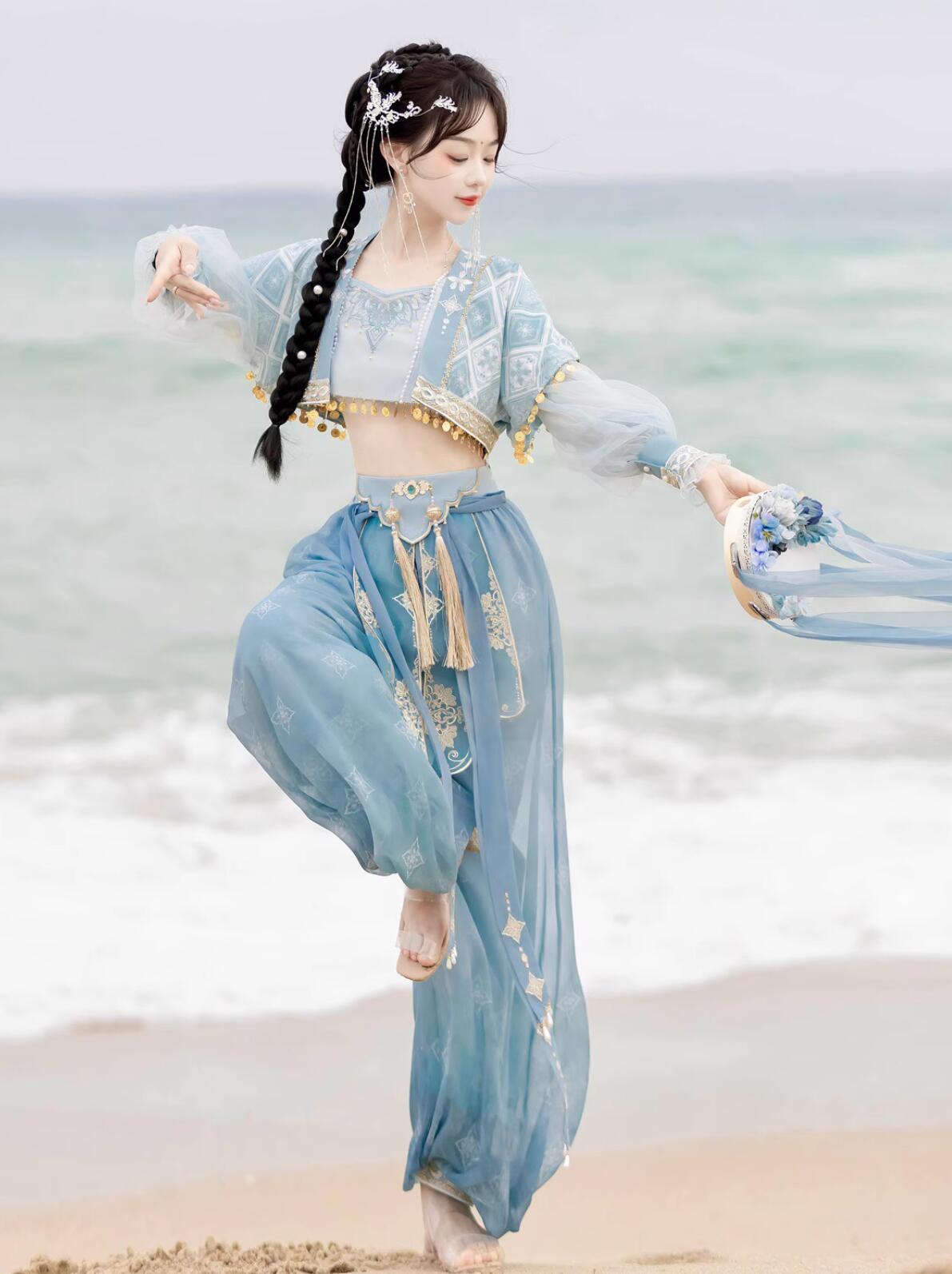 品質良い!店舗お勧め!中華コスプレ衣装 華流 アラビアン 全身コスチューム 中国古代 西域 民族 パフォーマンス コスプレ衣装 ブルー アラジン ジャスミン風 コスチューム 長袖ブラウス ベスト ショ