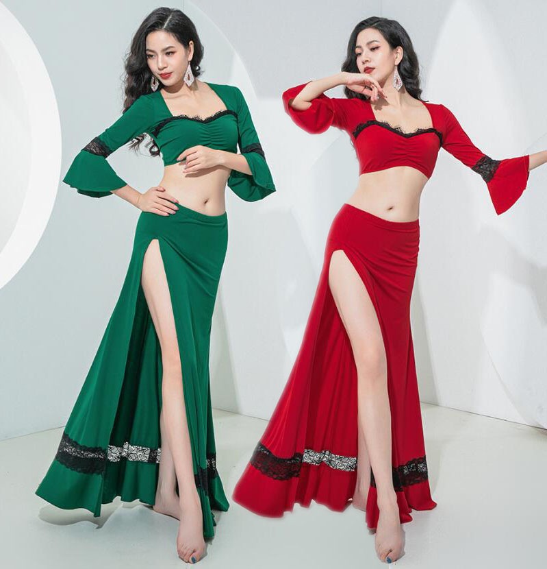ベリーダンス衣装 ラッパ袖 トップスショート丈2色 レース切替スリットあり大きい裾スカート ロング丈スカート 柔らかい 見せパンツ 大人用ダンス衣装 スレッスン着 競技着 おしゃれダンス衣