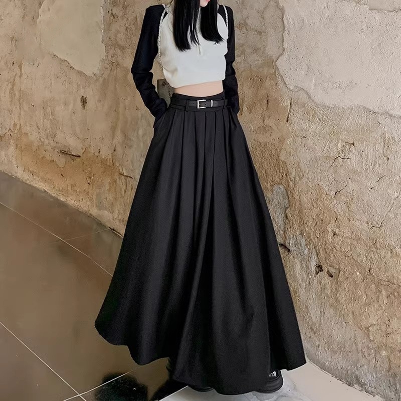 女性用フレンチブラックドレープスカート新スタイルプリーツスカートライン大きな裾アンブレラスカートロングスカート