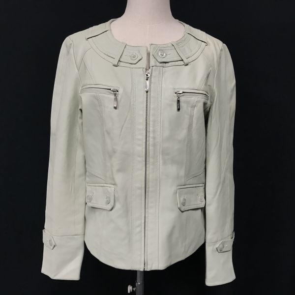 Ailiges羊革/シープレザー/ノーカラージャケット【サイズ40/Womens size-M/緑系】パステルカラー/本革/フルジップBA780L