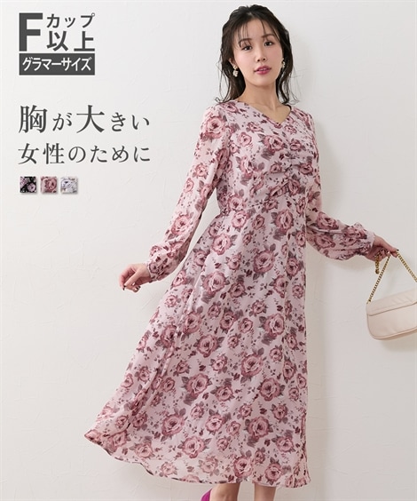 ロング・マキシ丈/半袖 大きい胸専用 Vネックシャーリングフラワーワンピース リボン付