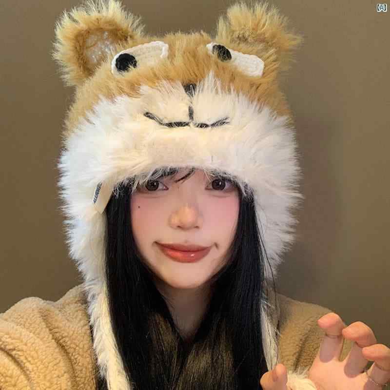 レディースファッション　ファッション小物　オシャレ 柴犬 表現 パック 子犬 ぬいぐるみ 帽子 秋冬 かわいい 暖かい ニット 顔 見せ 小柄 耳保護