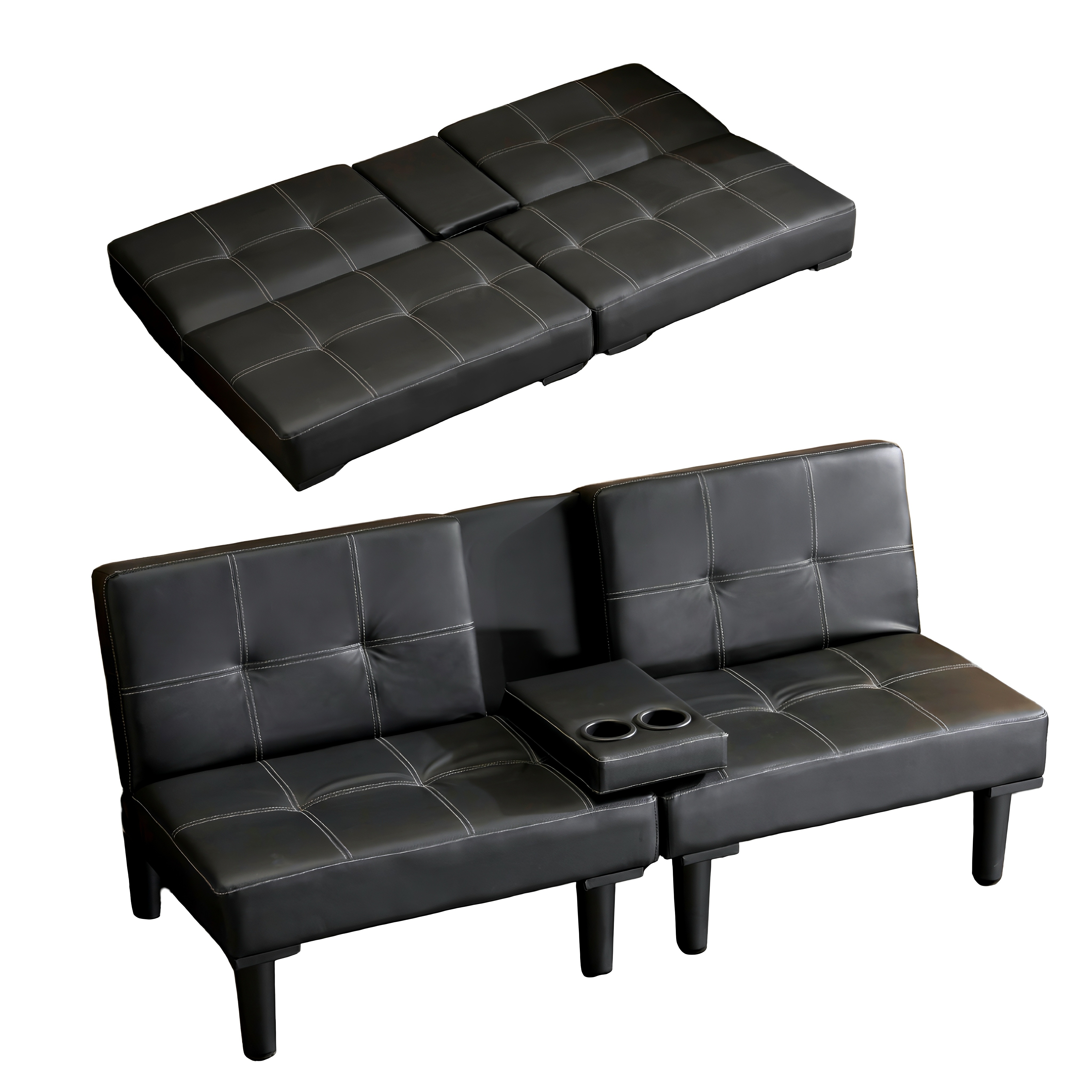 【国内発送&送·料·無·料】1433ソファベッド ソファ ベッド カップホルダー付き 組立て簡単 事務室用 サロン用 来客対応 ロータイプ 2人 PU リクライニングソファ 背もたれ3段階 取付可能な