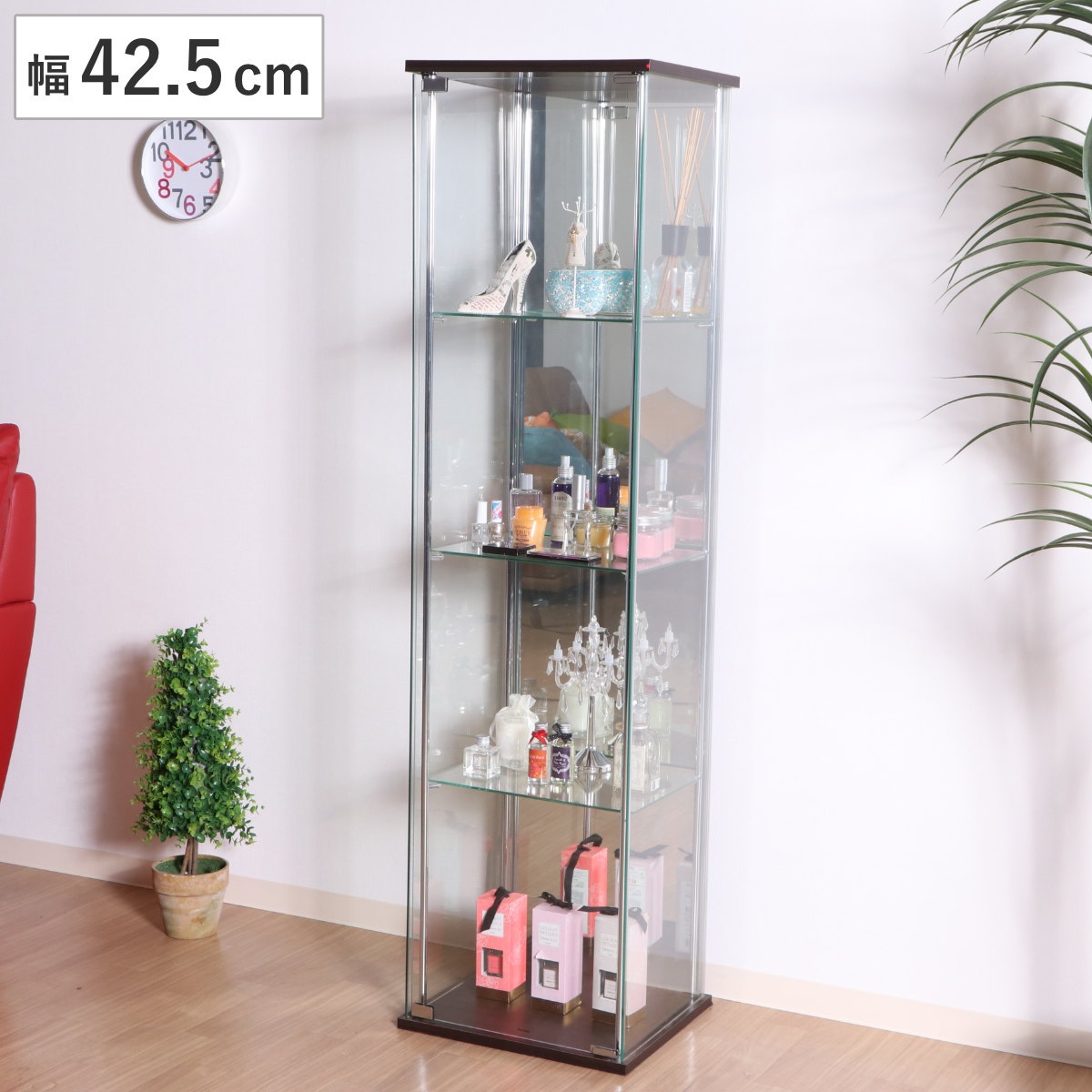 ショーケース 幅42.5cm 4段 背面ミラー コレクションケース ガラス製 コレクションキャビネット ガラスケース キャビネット ミラー付き ガラスキャビネット ディスプレイラック