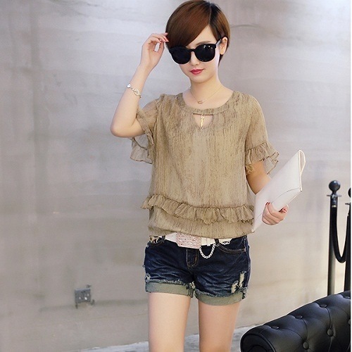 2055.袖コンシャスフリルシフォントップス(ブラウン)