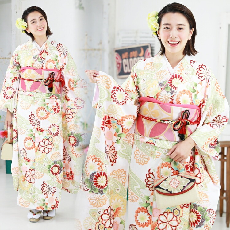 レンタル最大20日間 成人式 振袖 レンタル 20点フルセット 派手 白地に黄緑流水と菊雪輪 成人式 結婚式 フォーマル 小紋柄 日本製生地 14,925円