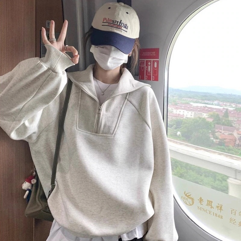 ゆったりスウェット翻领卫衣半拉链正肩长袖女2025春秋休闲大翻领半开襟即墨卫衣パーカー韓国ファッション