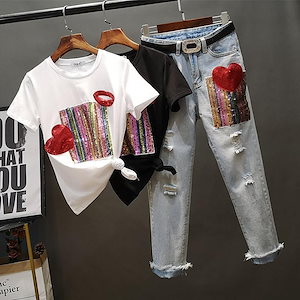韓国ファッション セットアップ 上下セット 半袖Tシャツ+ワイドパンツHZ16