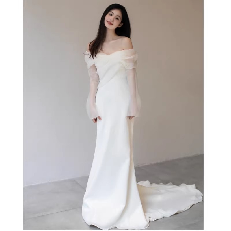 一文字肩軽ウエディングドレス2023新型超仙花嫁結婚長袖小モップで痩せた魚の尾が見える外出迎賓紗
