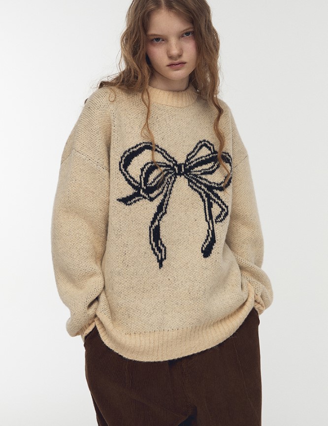 リボン ブラッシュ オーバーフィット ニット クリーム　UNISEX