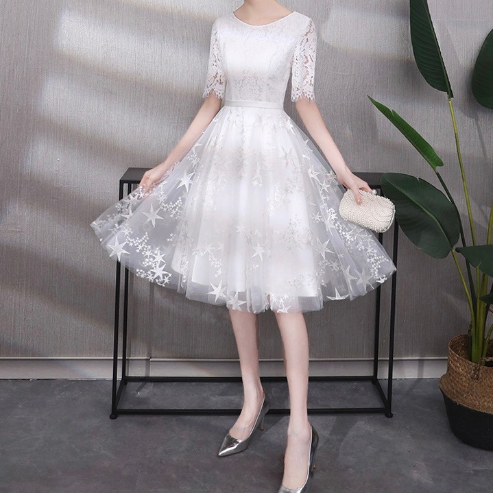 ドレス ワンピース パーティー 演奏会 発表会 ステージ 舞台 衣装 コスプレ コスチューム 演劇 半袖 5分袖 Uネック ラウンドネック フレア Aライン イブニング カジュアル レース 刺繍