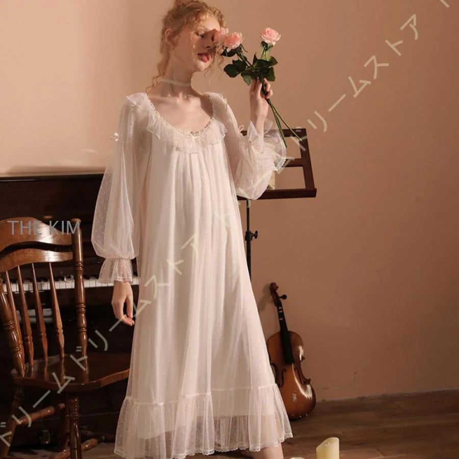 パジャマ ネグリジェ レディース ドット柄 レースフリル 長袖 ルームウェア ワンピース ロング丈 お姫様 エレガント ゆったり かわいい 寝間着 部屋着 春秋 夏